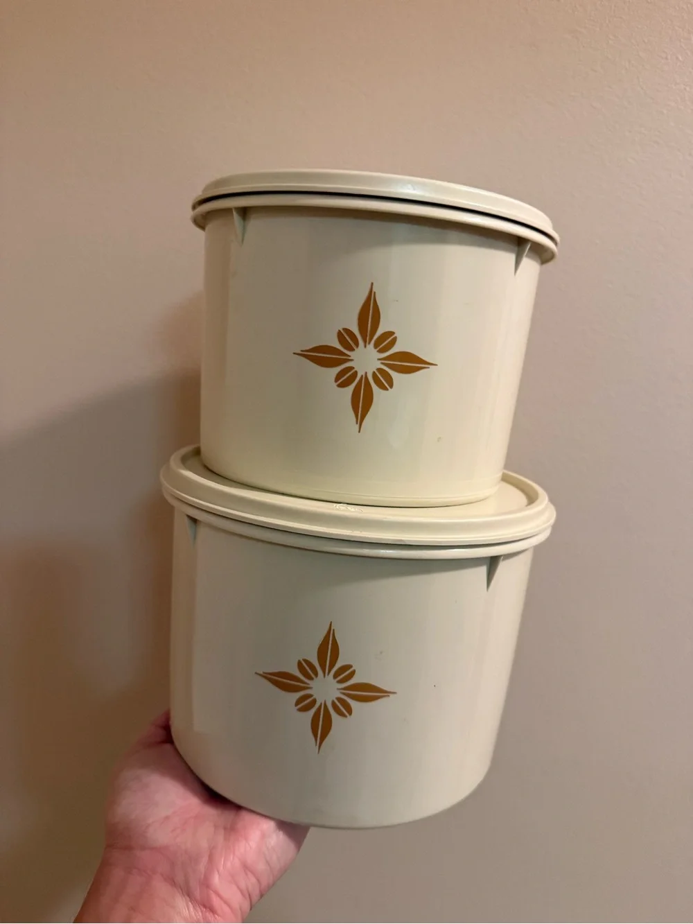 Vintage Tupperware Cream Storage Canisters with Gold Star Motif - Set of 2